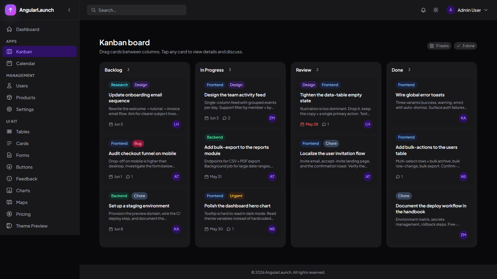 Kanban board with drag-drop and task detail drawer