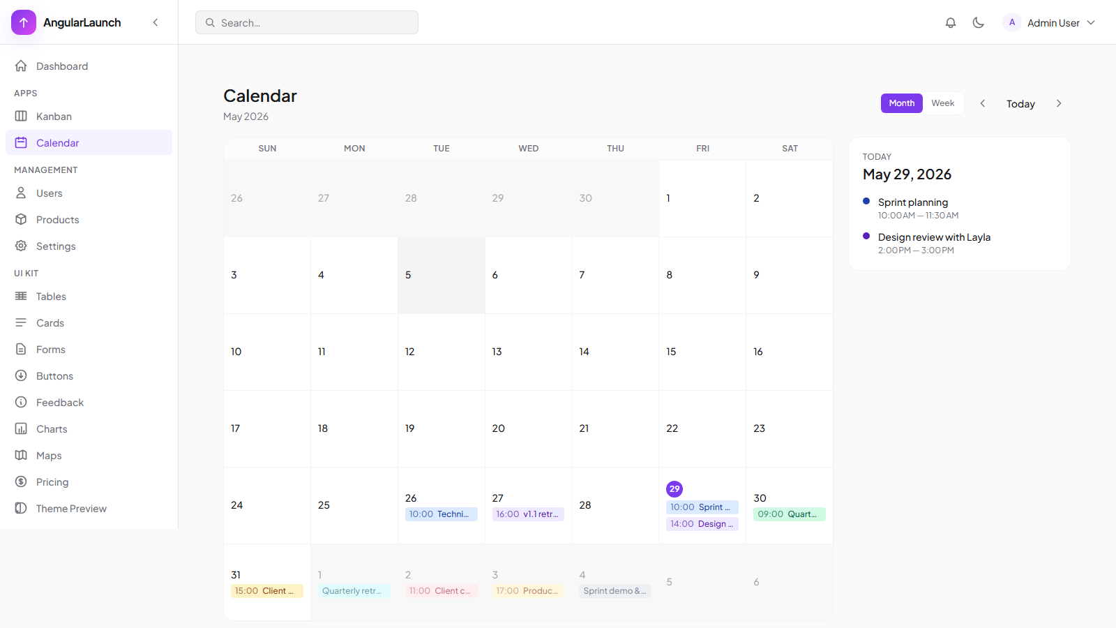 Calendar month view with selected-day side panel